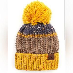 C.C Knit Beanie with Yellow and Brown Pom-Pom